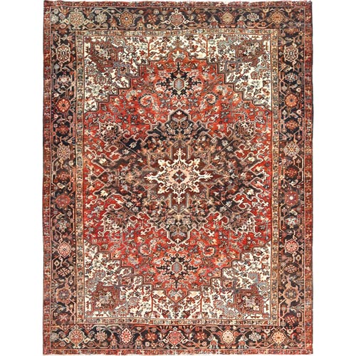 Soft Red, Worn Wool Hand Knotted, Vintage Persian Heriz, Shaved Down Distressed Feel, Oriental 