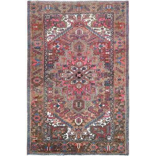 Faded Brown with a Mix of Pink, Vintage Persian Heriz, Worn Down Rustic Feel, Worn Wool Hand Knotted, Oriental Rug