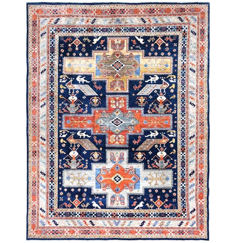 Navy Blue, Hand Knotted Armenian Inspired Caucasian Design with Bird Figurines, 200 KPSI Vegetable Dyes, Dense Weave Soft Wool, Oriental Rug