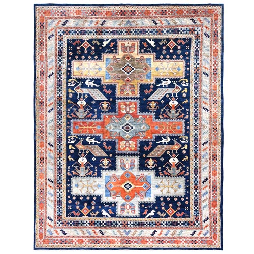 Navy Blue, Extra Soft Wool Hand Knotted, Armenian Inspired Caucasian Design with Bird Figurines 200 KPSI, Natural Dyes Densely Woven, Oriental Rug