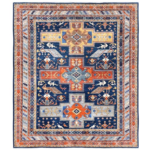 Navy Blue, Natural Dyes Densely Woven, Natural Wool Hand Knotted, Armenian Inspired Caucasian Design with Bird Figurines 200 KPSI, Oriental Rug