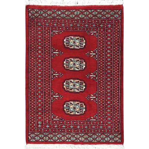 Deep and Rich Red, Pure Wool Hand Knotted, Mori Bokara with Geometric Medallions Design, Mat Oriental Rug