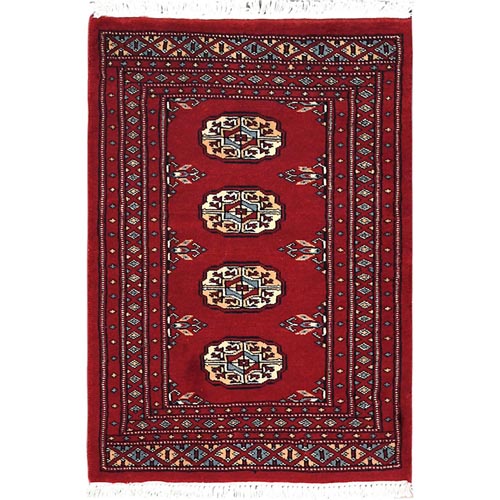 Deep and Rich Red, Extra Soft Wool Hand Knotted, Mori Bokara with Geometric Medallions Design, Mat Oriental Rug