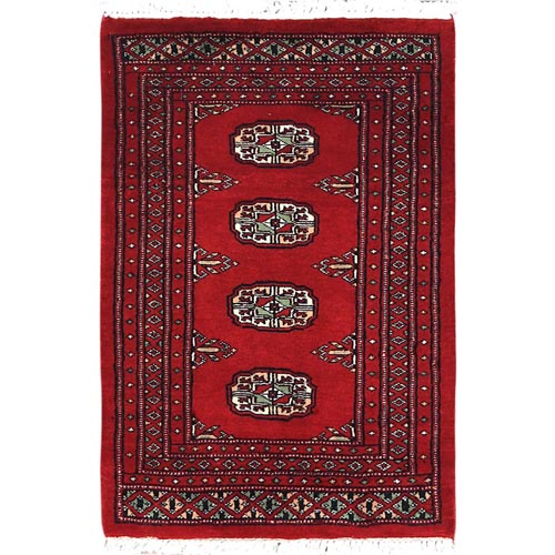 Deep and Rich Red, Mori Bokara with Geometric Medallions Design, Organic Wool Hand Knotted, Mat Oriental Rug