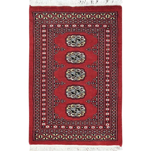 Deep and Rich Red, Hand Knotted Mori Bokara with Geometric Medallions Design, Natural Wool, Mat Oriental Rug