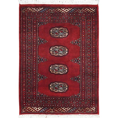 Deep and Rich Red, Hand Knotted Mori Bokara with Geometric Medallions Design, Organic Wool, Mat Oriental Rug