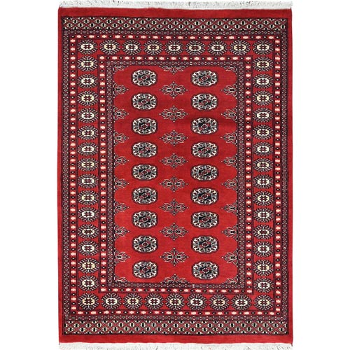 Deep and Rich Red, Hand Knotted Mori Bokara with Geometric Medallions Design, Pure Wool, Oriental Rug