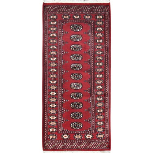 Deep and Rich Red, Natural Wool Hand Knotted, Mori Bokara with Geometric Medallions Design, Wide Runner Oriental Rug