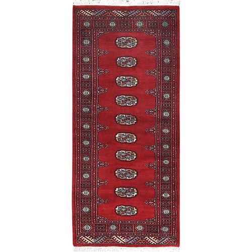 Deep and Rich Red, Hand Knotted Mori Bokara with Geometric Medallions Design, Soft Wool, Runner Oriental Rug