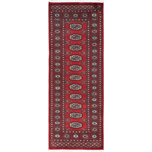 Deep and Rich Red, Hand Knotted Mori Bokara with Geometric Medallions Design, Natural Wool, Runner Oriental Rug