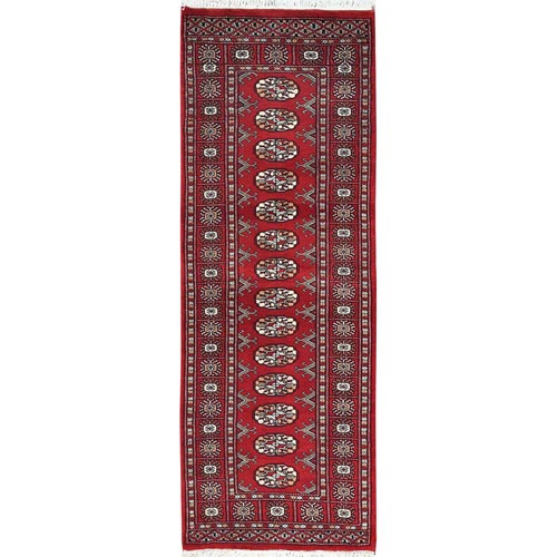 Deep and Rich Red, Mori Bokara with Geometric Medallions Design, Soft Wool Hand Knotted, Runner Oriental Rug