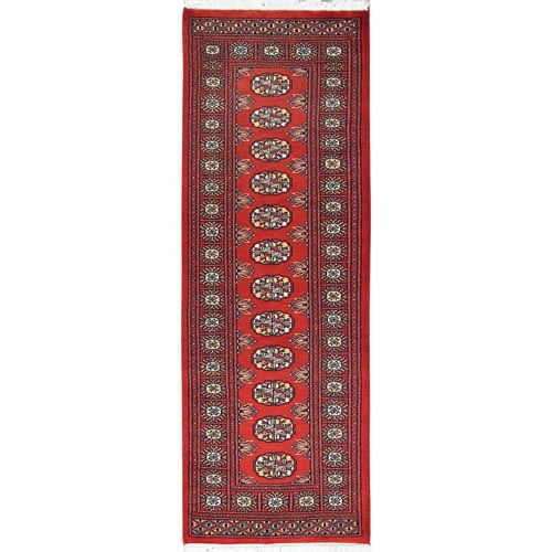 Deep and Rich Red, Organic Wool Hand Knotted, Mori Bokara with Geometric Medallions Design, Runner Oriental Rug