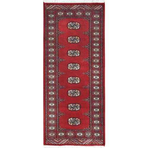 Deep and Rich Red, Mori Bokara with Geometric Medallions Design, Natural Wool Hand Knotted, Runner Oriental Rug