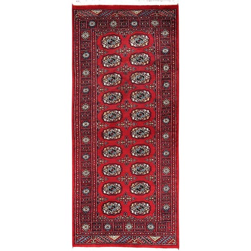 Deep and Rich Red, Hand Knotted Mori Bokara with Geometric Medallions Design, Pure Wool, Runner Oriental Rug