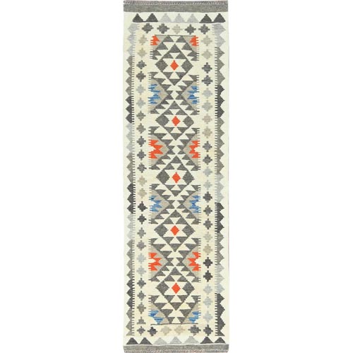 Ivory, Afghan Kilim with Pop of Color Flat Weave, Pure Wool Hand Woven, Reversible Runner Oriental Rug
