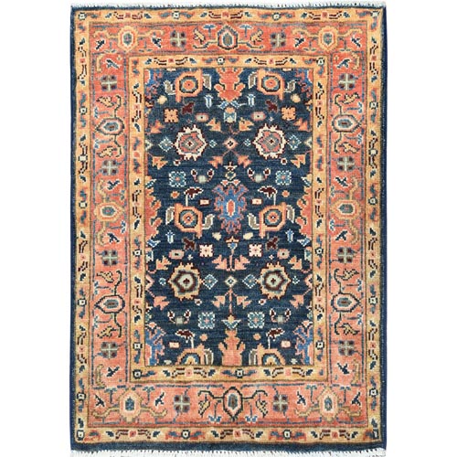 Navy Blue, Hand Knotted Afghan Peshawar with All Over Heriz Design, Natural Dyes Densely Woven, Natural Wool, Mat Oriental Rug
