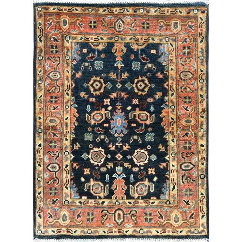 Navy Blue, Hand Knotted Afghan Peshawar with All Over Heriz Design, Natural Dyes Densely Woven, Soft Wool, Mat Oriental 
