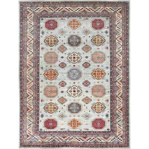 Silver Blue, Hand Knotted Afghan Super Kazak with Geometric Medallions, Natural Dyes Densely Woven, Pure Wool, Oversized Oriental Rug