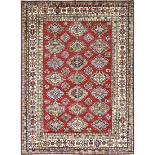 Rich Red, Vegetable Dyes Dense Weave, Organic Wool Hand Knotted, Afghan Super Kazak with Tribal Medallions, Oriental Rug