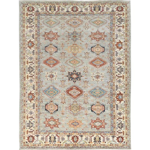 Light Gray, Soft Wool Hand Knotted, Afghan Super Kazak with Geometric Medallions, Natural Dyes Densely Woven, Oriental Rug