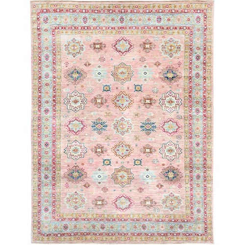Crepe Pink, Soft Wool Hand Knotted, Afghan Super Kazak with Geometric Medallions, Vegetable Dyes Dense Weave, Oriental 