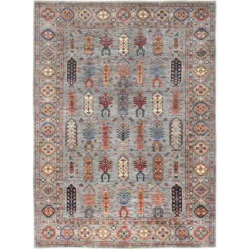 Stone Gray, Afghan Super Kazak with Large Elemental Design, Natural Dyes Densely Woven, Natural Wool Hand Knotted, Oriental Rug