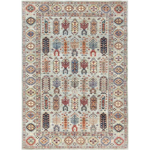 Light Gray, Densely Woven Organic Wool, Hand Knotted Afghan Super Kazak with Large Elements, Natural Dyes, Oriental Rug