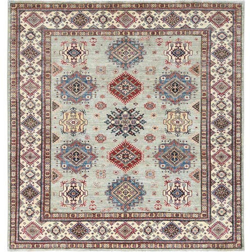 Light Gray, Vegetable Dyes Dense Weave, Natural Wool Hand Knotted, Afghan Super Kazak with Large Medallions, Square Oriental Rug