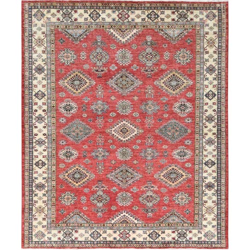 Rich Red, Afghan Super Kazak with Geometric Medallions, Natural Dyes Densely Woven, Pure Wool Hand Knotted, Oriental 