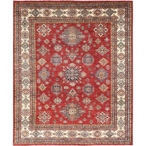 Rich Red, Hand Knotted Afghan Super Kazak with Geometric Medallions, Vegetable Dyes Dense Weave, Soft Wool, Oriental Rug