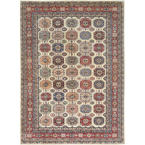 Ivory, Afghan Super Kazak with Geometric Medallions, Natural Dyes Densely Woven, Extra Soft Wool Hand Knotted, Oriental Rug