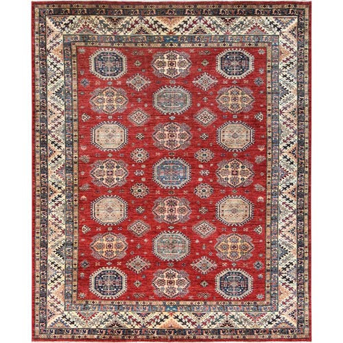 Rich Red, Dense Weave Pure Wool, Hand Knotted Afghan Super Kazak with Geometric Medallions, Vegetable Dyes, Oriental Rug