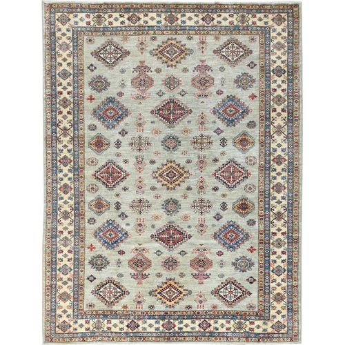 Light Gray, Natural Wool Hand Knotted, Afghan Super Kazak with Geometric Medallions, Vegetable Dyes Dense Weave, Oriental Rug