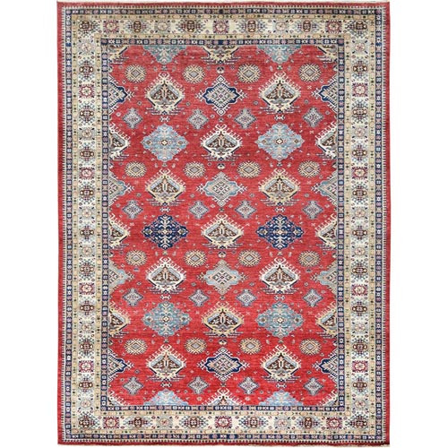 Rich Red, Densely Woven Pure Wool, Hand Knotted Afghan Super Kazak with Geometric Medallions, Natural Dyes, Oriental Rug