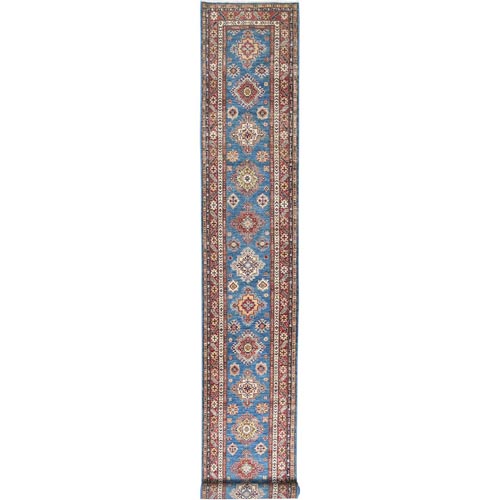 Denim Blue, Afghan Super Kazak with Large Medallions, Natural Dyes Densely Woven, Extra Soft Wool Hand Knotted, XL Runner Oriental Rug