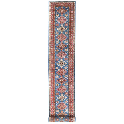 Denim Blue, Natural Wool Hand Knotted, Afghan Super Kazak with Large Medallions, Vegetable Dyes Dense Weave, XL Runner Oriental Rug