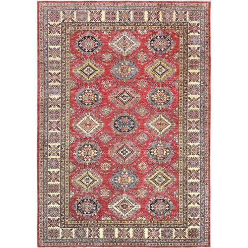 Rich Red, Hand Knotted Afghan Super Kazak with Geometric Medallions, Vegetable Dyes Dense Weave, Pure Wool, Oriental Rug