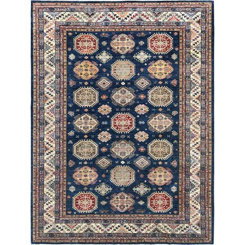 Navy Blue, Soft Wool Hand Knotted, Afghan Super Kazak with Geometric Medallions, Natural Dyes Densely Woven, Oriental Rug