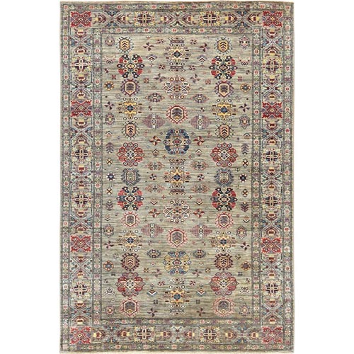 Taupe, Dense Weave Extra Soft Wool, Hand Knotted Afghan Super Kazak with Tribal Medallions, Vegetable Dyes, Oriental Rug