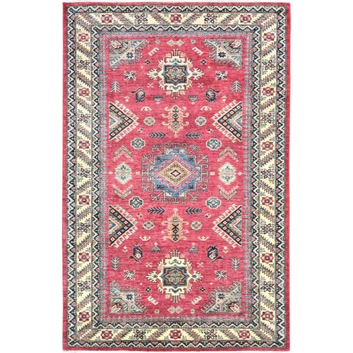 Rouge Pink, Natural Dyes Densely Woven, Organic Wool Hand Knotted, Afghan Super Kazak with Large Medallion, Oriental Rug
