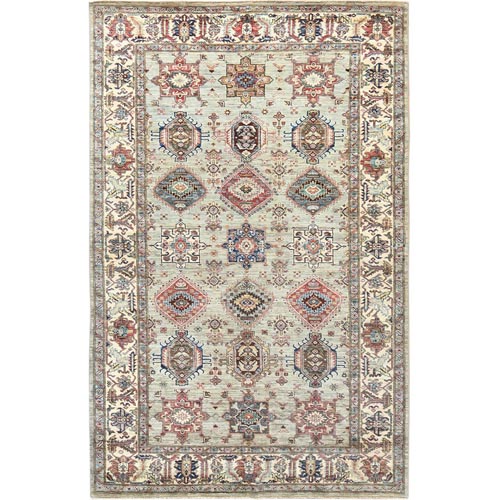 Light Gray, Hand Knotted Afghan Super Kazak with Geometric Medallions, Natural Dyes Densely Woven, Pure Wool, Oriental Rug