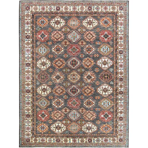 Stone Gray, Densely Woven Extra Soft Wool, Hand Knotted Afghan Super Kazak with Geometric Medallions, Natural Dyes, Oriental Rug