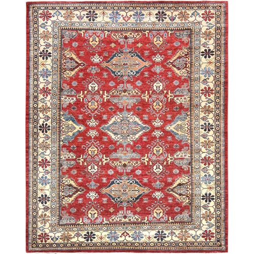 Rich Red, Afghan Super Kazak with Serrated Medallions, Natural Dyes Densely Woven, Natural Wool Hand Knotted, Oriental Rug