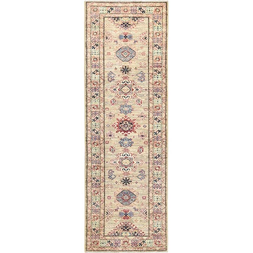 Taupe, Afghan Super Kazak with Geometric Medallions, Natural Dyes Densely Woven, 100% Wool Hand Knotted, Runner Oriental 