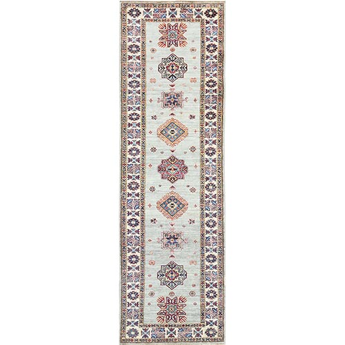 Ash Gray, Soft Wool Hand Knotted, Afghan Super Kazak with geometric Medallions, Natural Dyes Densely Woven, Runner Oriental 