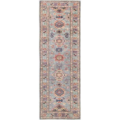 Pastel Gray, Dense Weave Organic Wool Hand Knotted, Afghan Super Kazak with Colorful Medallions, Natural Dyes, Runner Oriental 