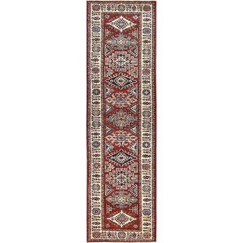 Fire Brick, Afghan Super Kazak With Geometric Medallions, Natural Dyes, Densely Woven, Natural Wool, Hand Knotted, Runner Oriental 