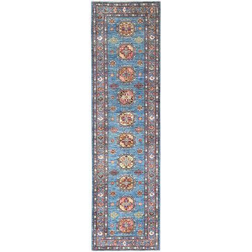 Steel Blue, Afghan Super Kazak with Large Medallions, Natural Dyes, Dense Weave, Extra Soft Wool, Hand Knotted, Runner Oriental 