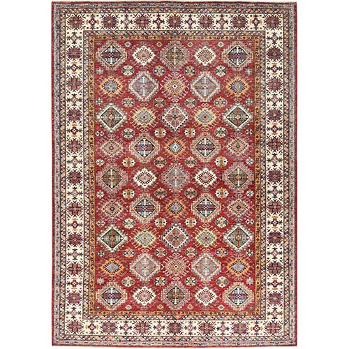 Fire Brick, Afghan Super Kazak With All Over Medallions, Natural Dyes, Densely Woven, Soft Wool, Hand Knotted,  Oriental 