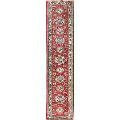Fire Brick, Afghan Super Kazak With Geometric Medallions, Natural Dyes, Densely Woven, Natural Wool, Hand Knotted, Runner Oriental 